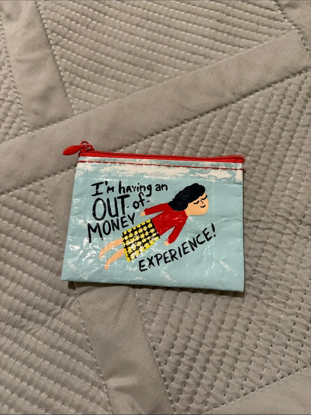 Light Blue 'Out of Money' Zip Pouch with Red Trim